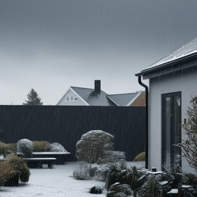 Hus og have dækket af sne på en regnfuld vinterdag